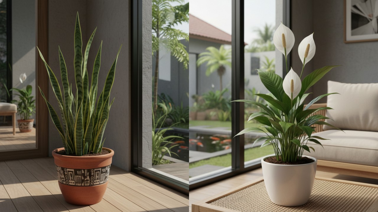 Lidah mertua di pot besar pada teras rumah, Peace lily berbunga putih di sudut taman