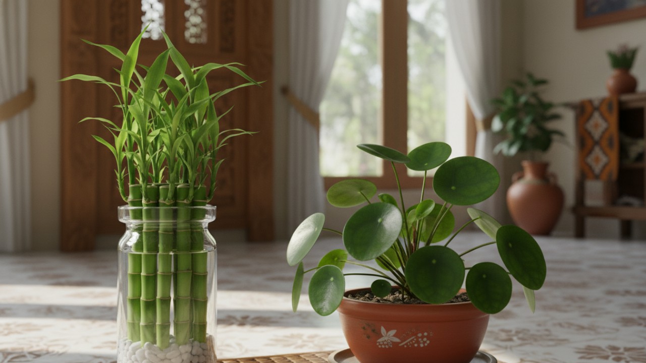 Bambu air dikenal terjangkau dan mudah ditempatkan dan Tanaman uang cina memiliki daun bulat menyerupai koin.