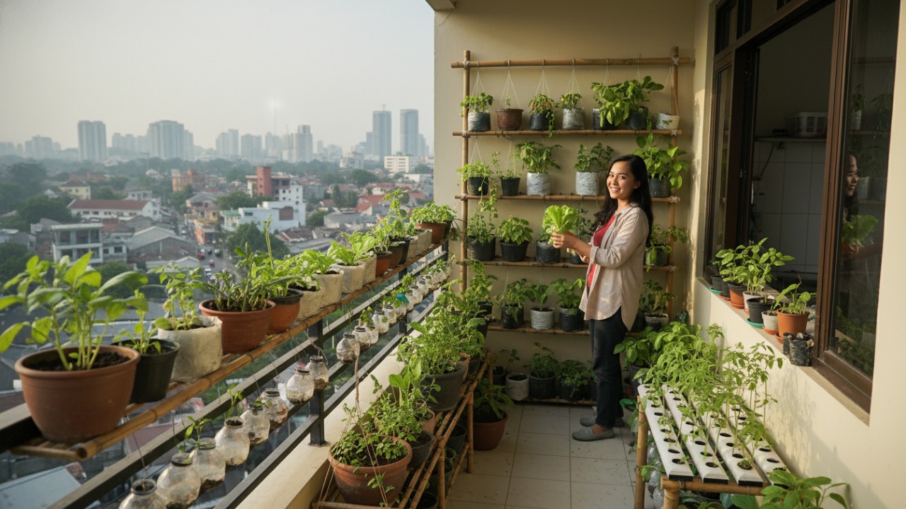 Ilustrasi kebun mini di balkon rumah dengan pot sayuran hijau yang tertata rapi dan segar.