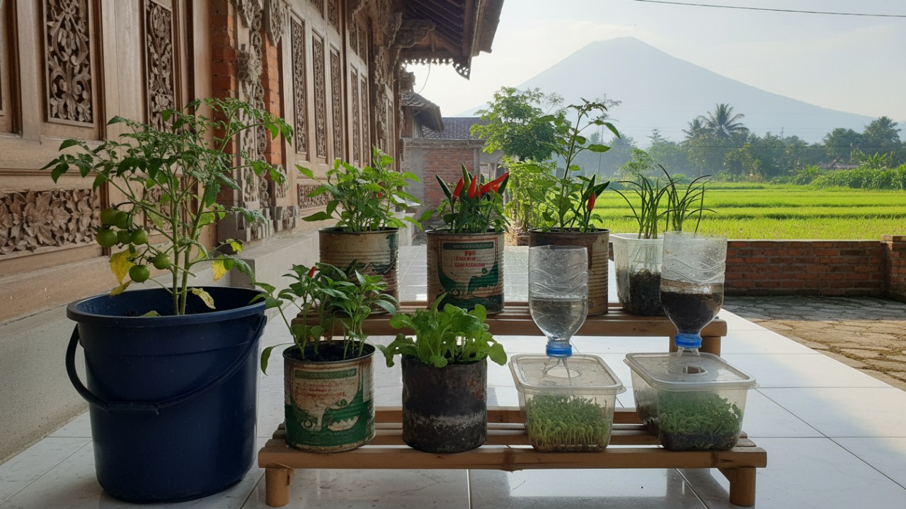 Botol bekas dimanfaatkan sebagai pot tanam