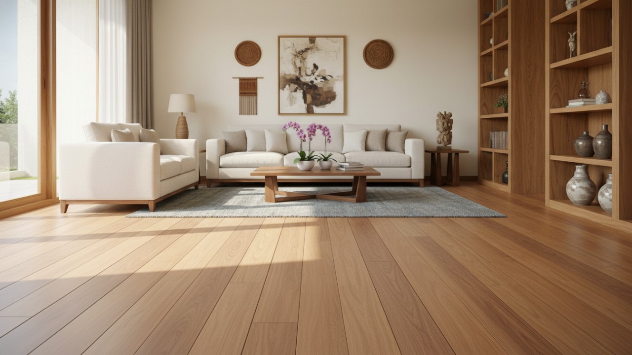 Detail papan kayu lebar berfinishing matte di ruang keluarga.