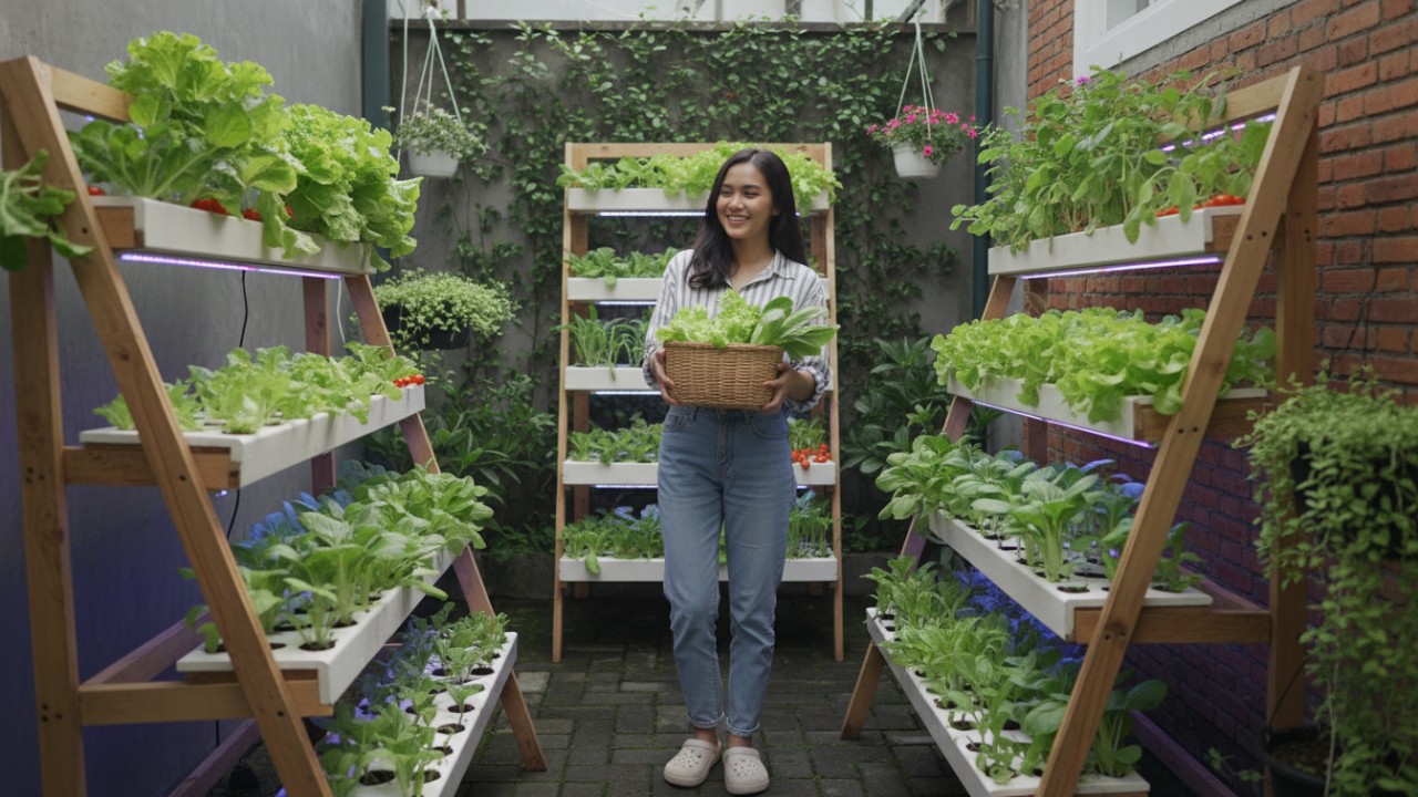 Proses panen sayur segar langsung dari kebun rumah.