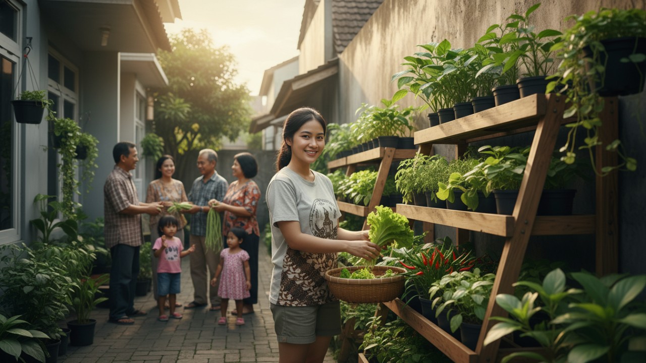 Lingkungan permukiman hijau dengan kebun rumah produktif.