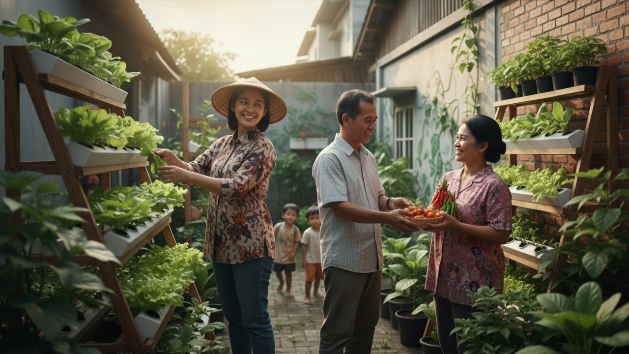Interaksi warga saat bertukar hasil kebun halaman.