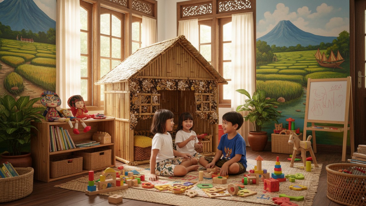 Ruang bermain anak ceria dengan warna-warna mencolok.