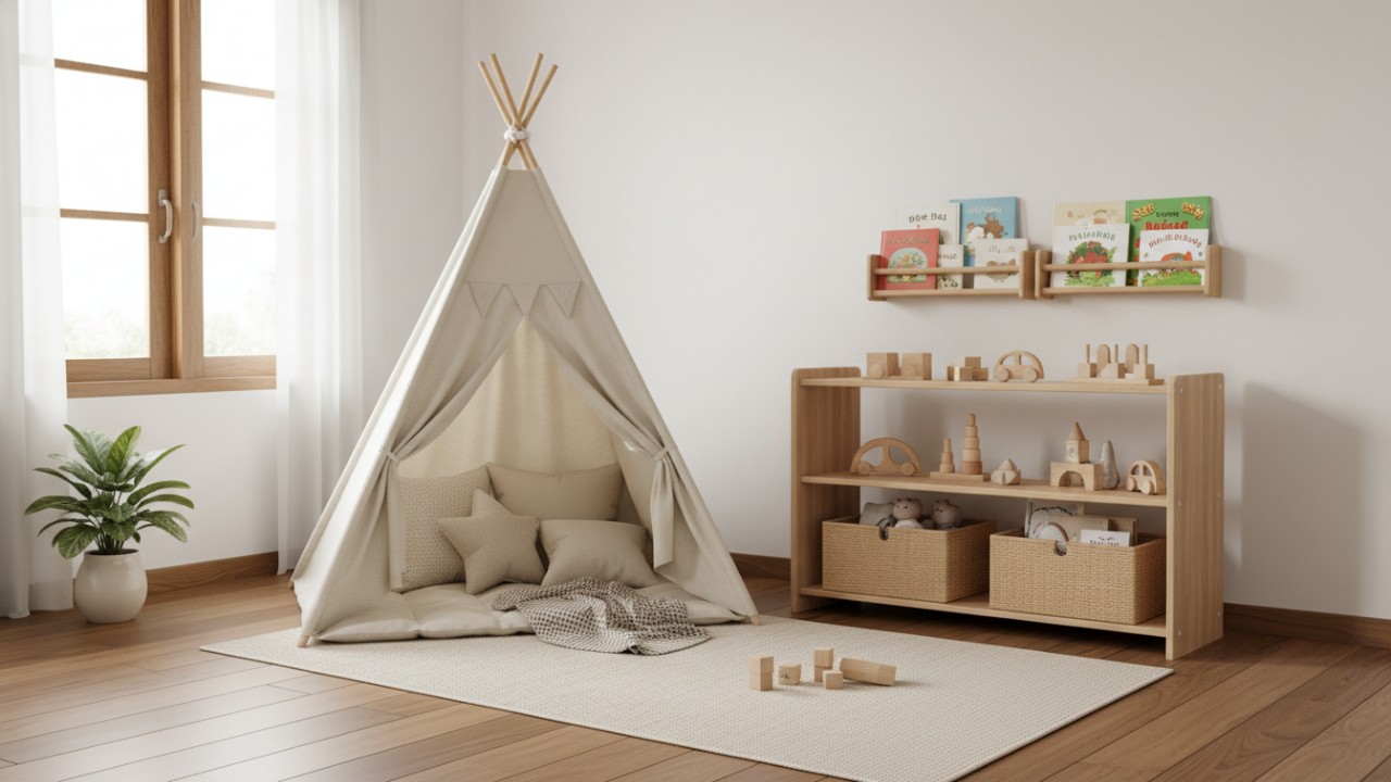 Ruang bermain minimalis dengan tenda cozy dan rak buku anak.