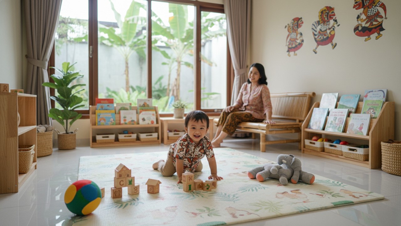 Ruang bermain balita dengan playmat empuk dan mainan aman.