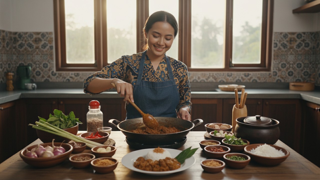 Ilustrasi aktivitas memasak di dapur rumah yang menenangkan.