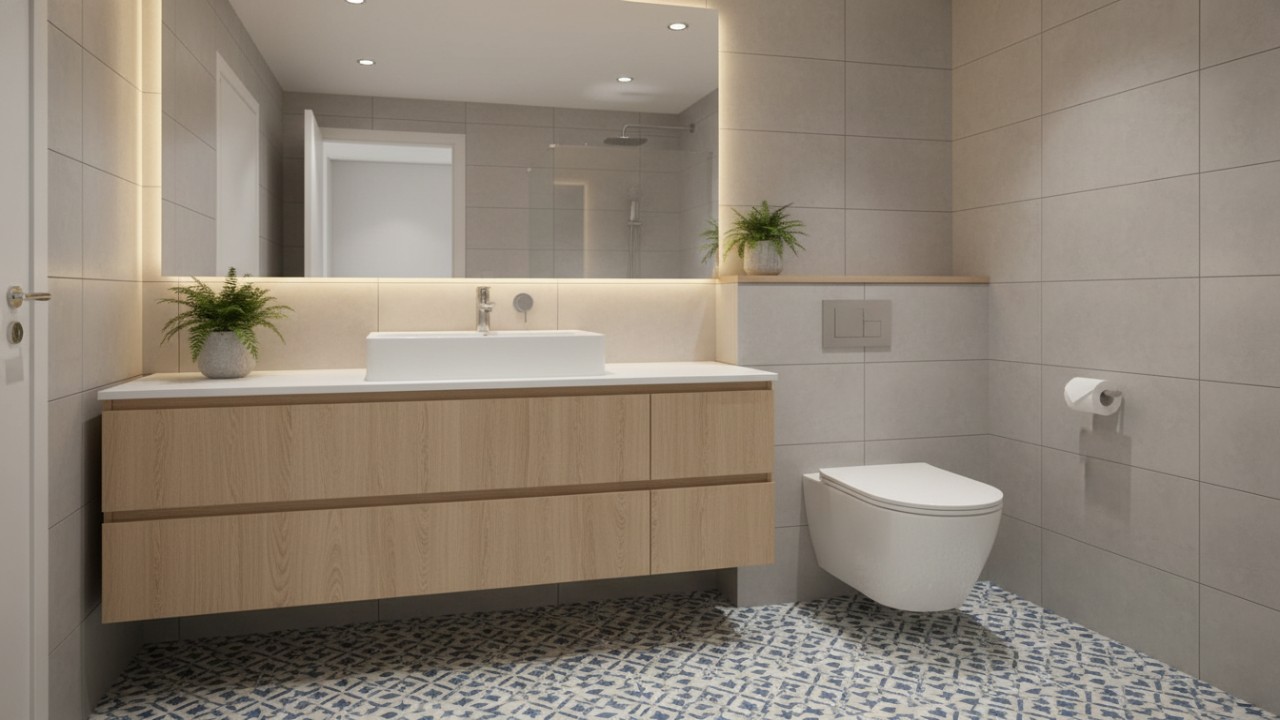 Lantai kamar mandi bermotif sebagai aksen utama ruang.