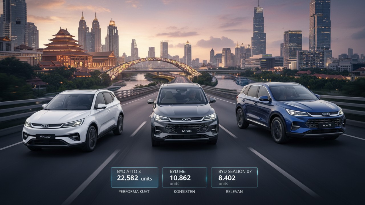 Ilustrasi tiga model BYD yang mewakili data penjualan unit.