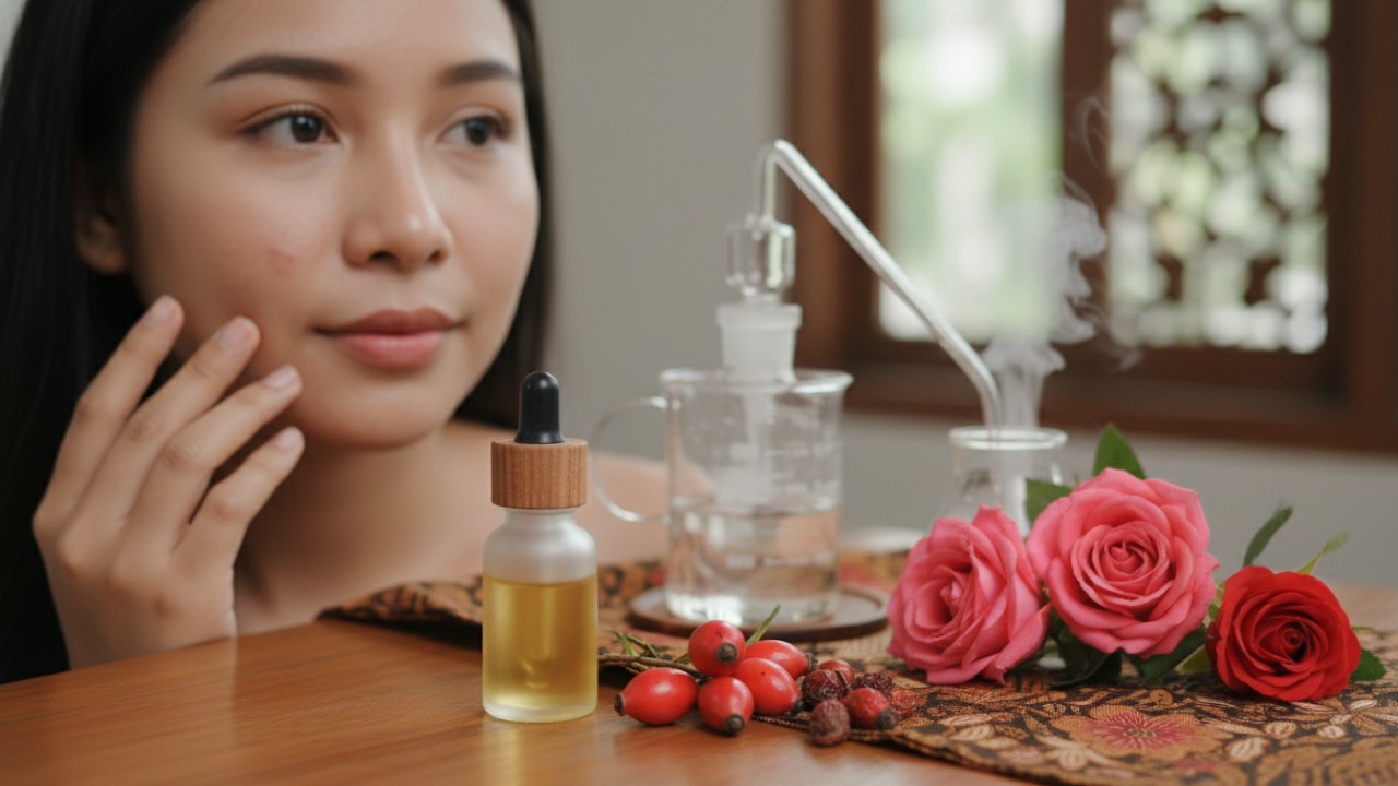 Minyak rosehip diteteskan dan dipijat ringan di wajah.