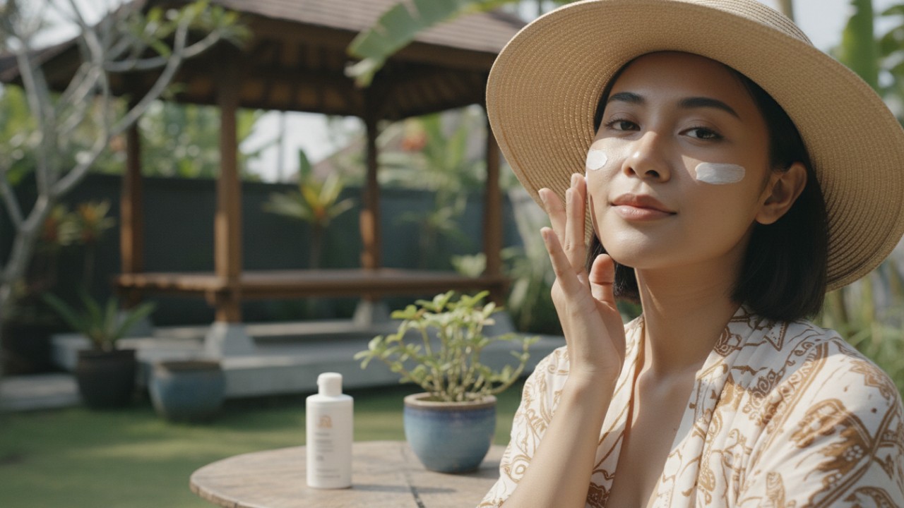 Penggunaan sunscreen untuk melindungi kulit dari sinar matahari.