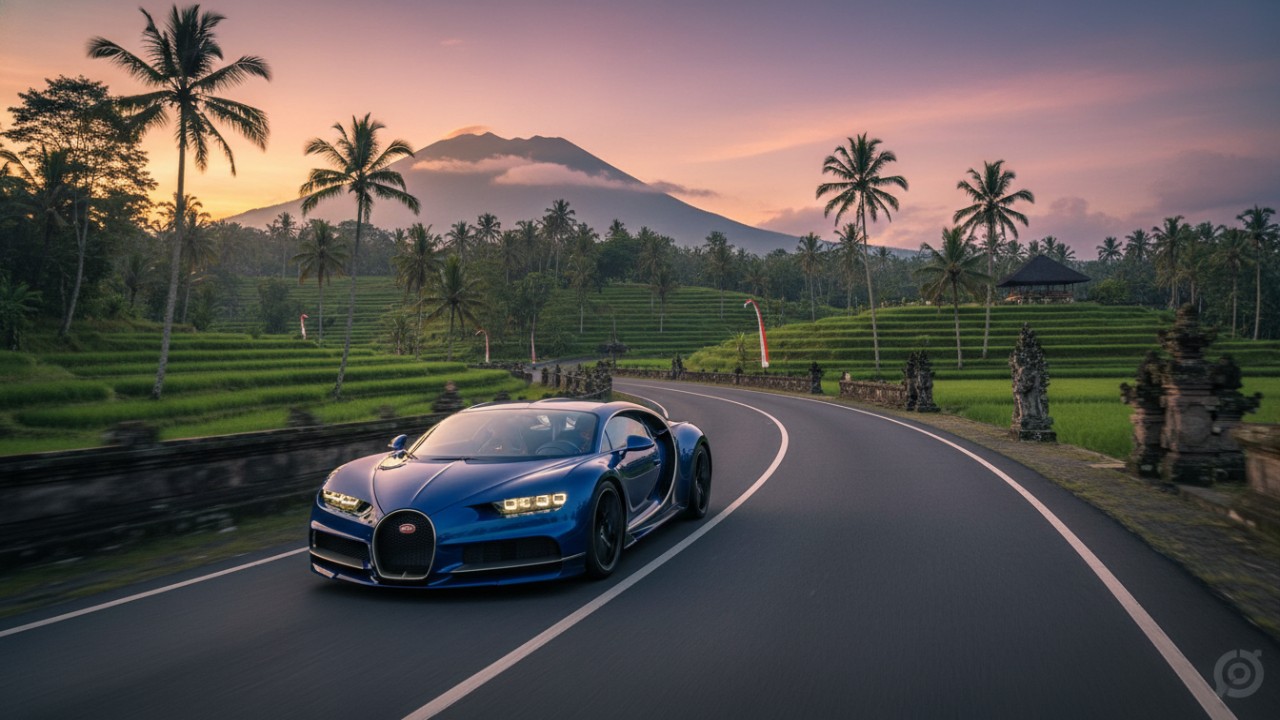 Bugatti Chiron dengan tampilan samping hypercar berkecepatan ekstrem.