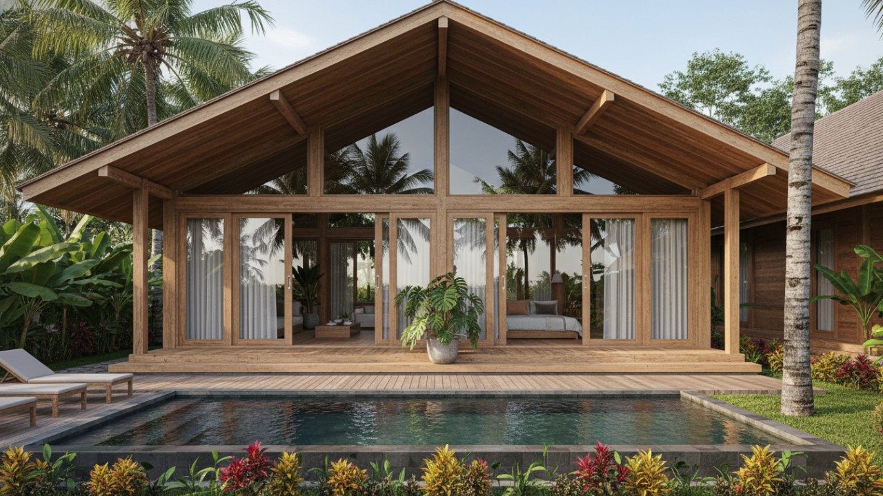 Tampilan rumah kayu minimalis modern dengan jendela besar dan garis bersih
