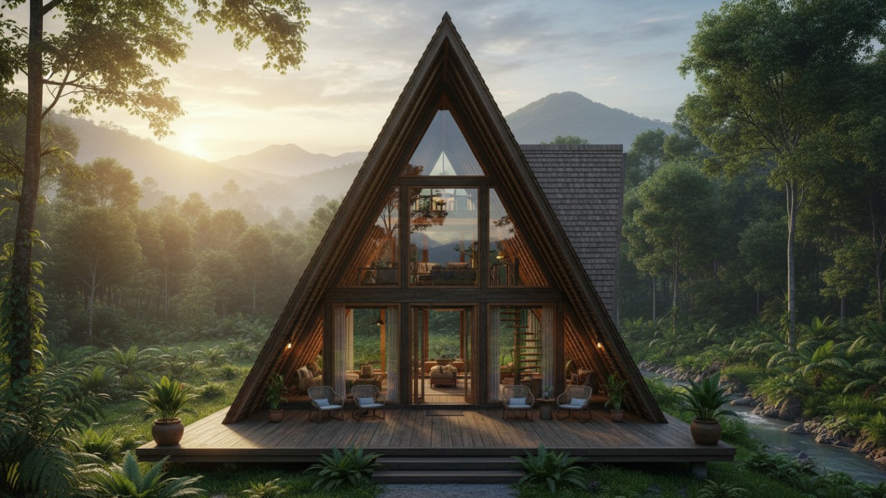 Desain segitiga rumah kayu memaksimalkan ruang vertikal.