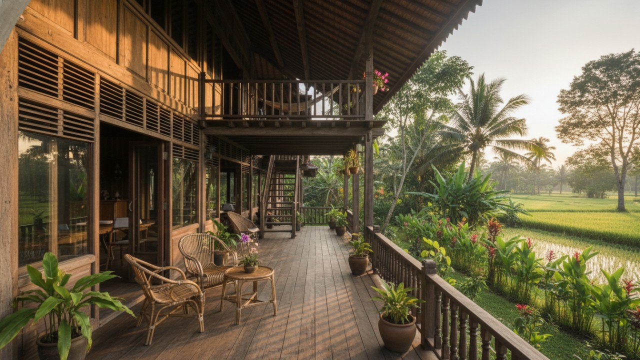 Teras luas dan balkon rumah kayu desa. DAN Rumah kayu tropis dengan ventilasi optimal.
