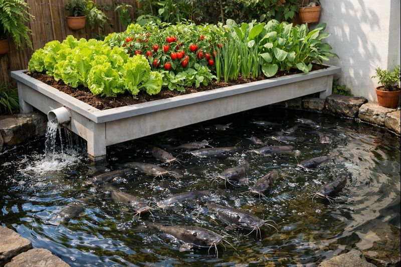 Kolam ikan akuaponik minimalis dengan Ikan bergerak aktif menciptakan efek visual menenangkan.