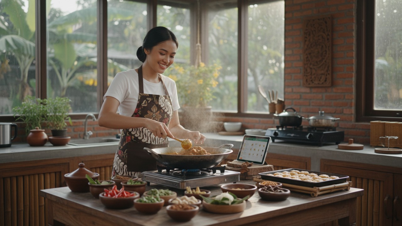 Aktivitas memasak di dapur rumah yang menampilkan proses kreatif mengolah bahan sederhana menjadi hidangan.