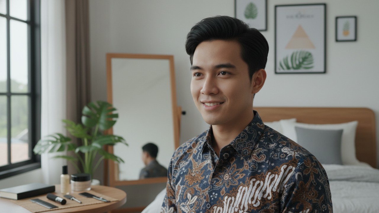 Aktivitas styling rambut cowok di rumah dengan sisir dan produk sederhana untuk tampilan rapi.