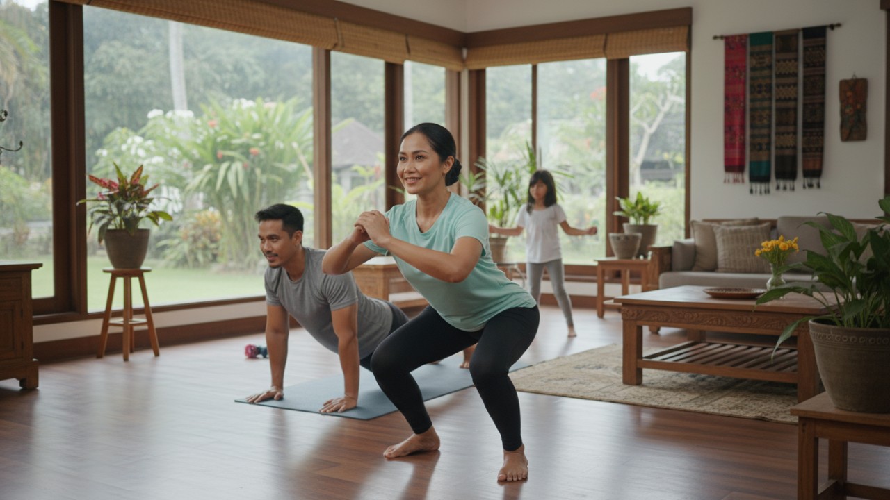 Aktivitas olahraga di rumah tanpa peralatan dengan gerakan sederhana yang mendukung kebugaran tubuh.