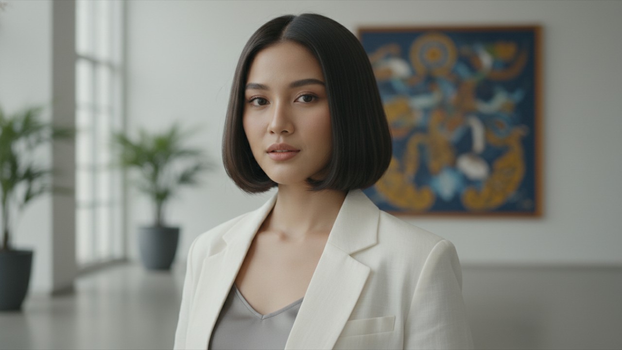 Blunt Bob dengan potongan lurus tegas memberi kesan minimalis.