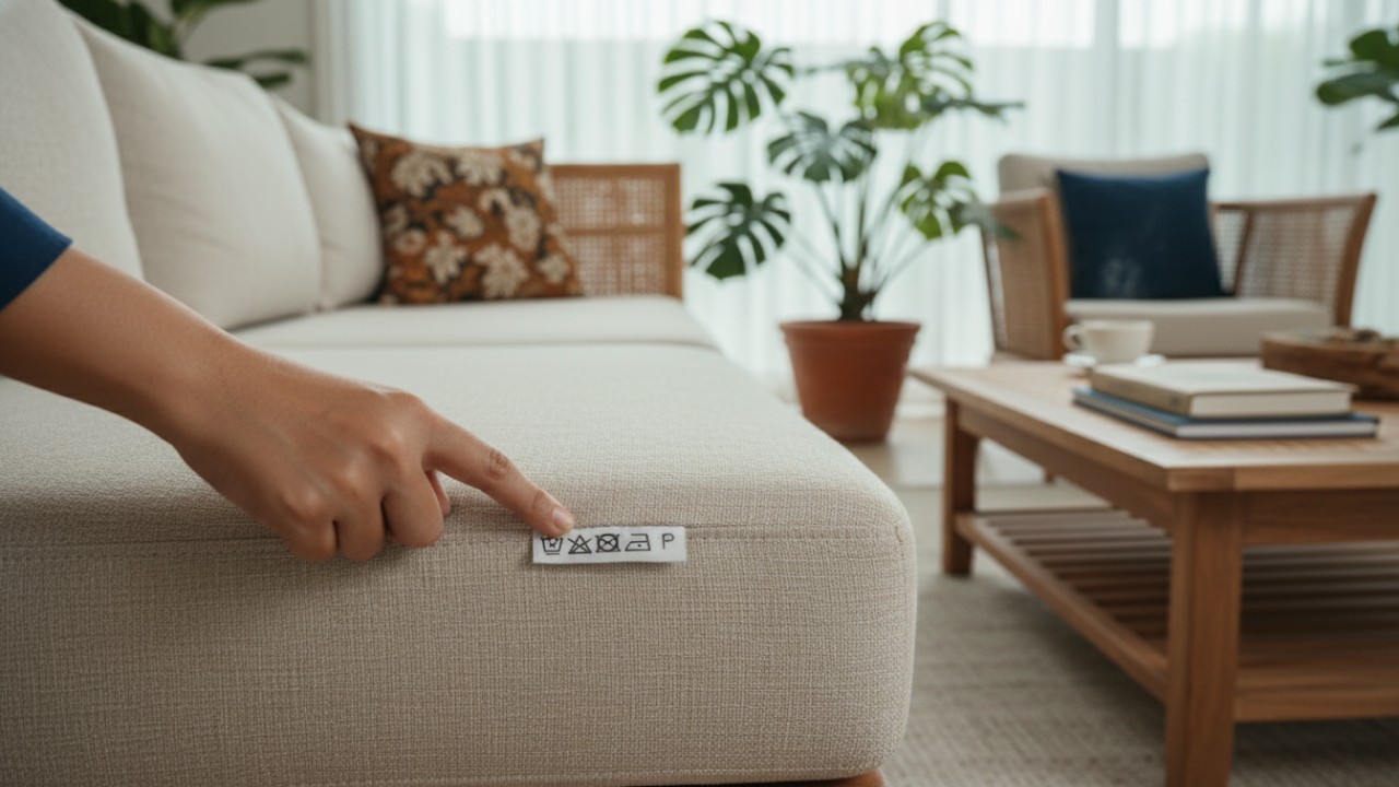 Close-up label perawatan sofa kain sebagai panduan pembersihan.
