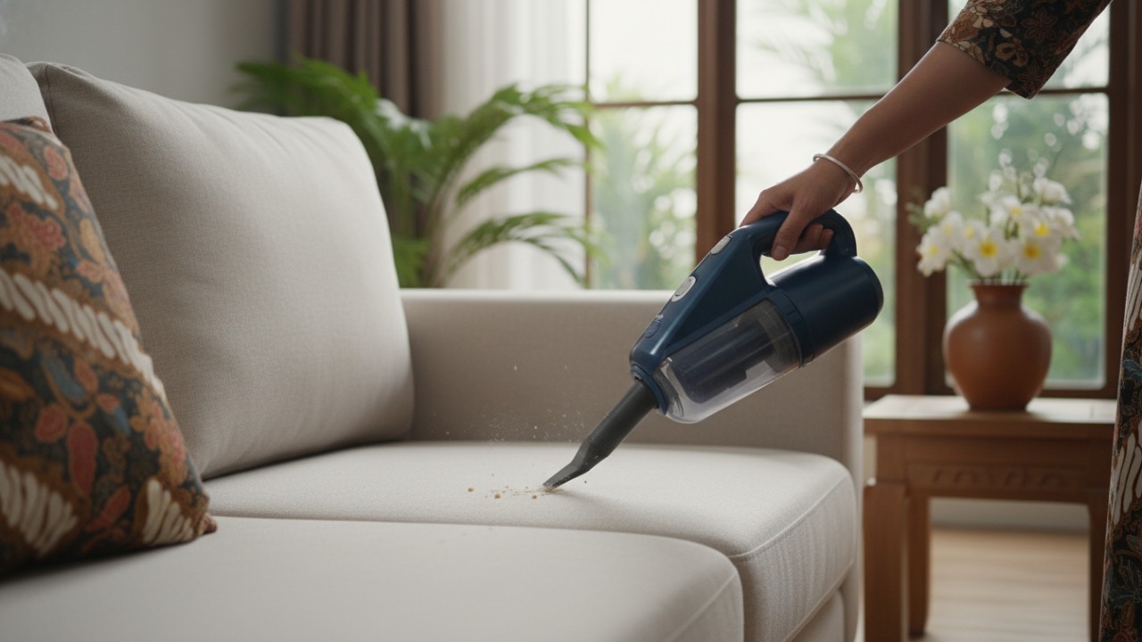 Proses menyedot debu sofa menggunakan vacuum cleaner kecil.
