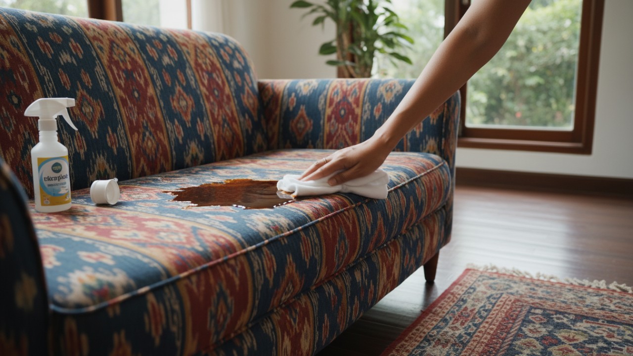 Pembersihan noda sofa kain dengan larutan pembersih aman.