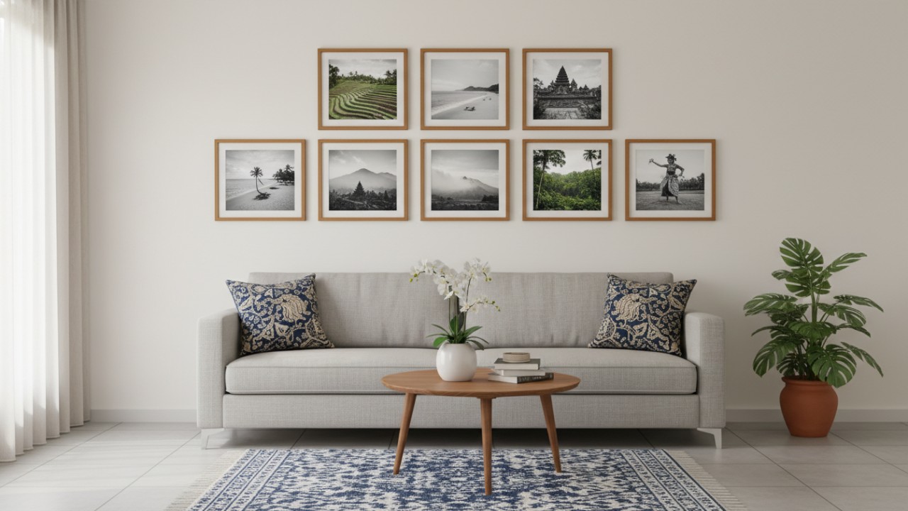 Deretan foto sejajar di atas sofa ruang tamu minimalis.