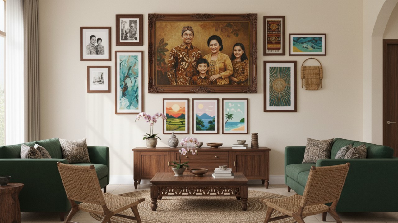 Galeri dinding foto dan lukisan dengan palet warna senada.