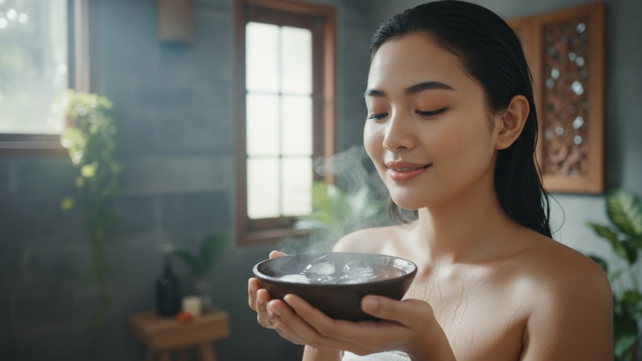 Bilasan air dingin memberi sensasi segar pada kulit wajah.