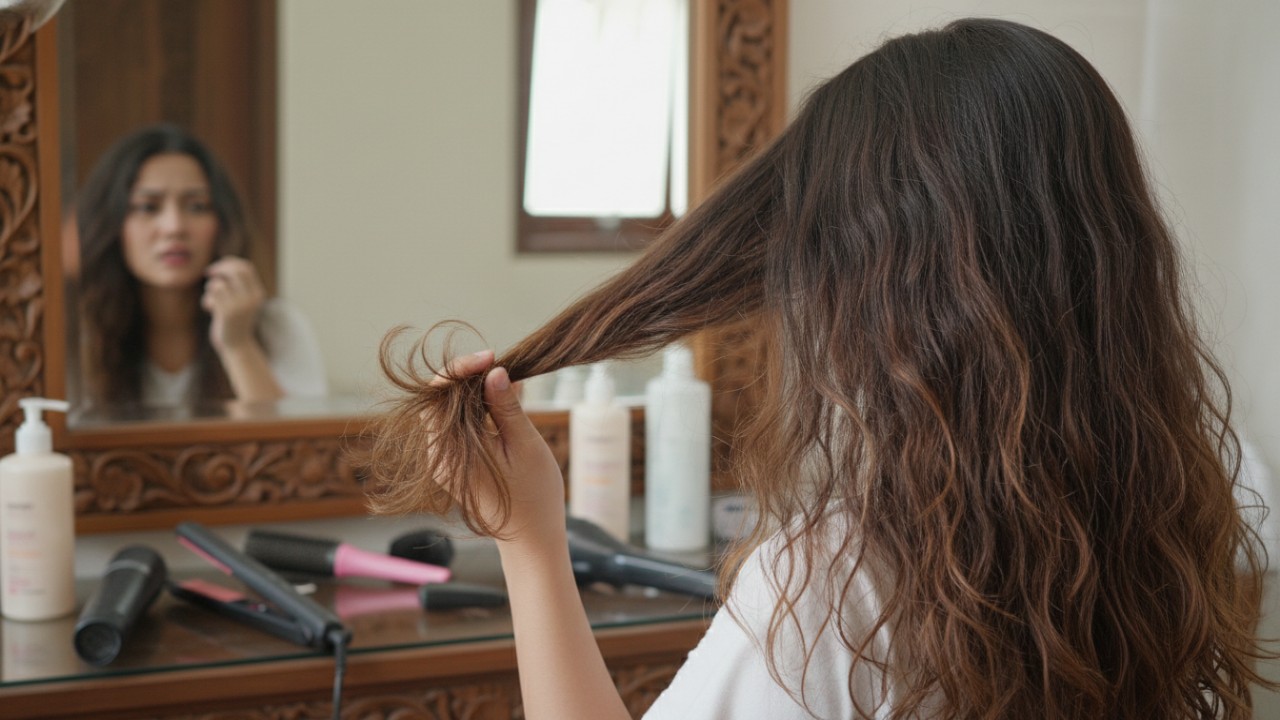 Ilustrasi perawatan rambut rusak dengan langkah sederhana untuk menjaga kelembapan dan kekuatan rambut.