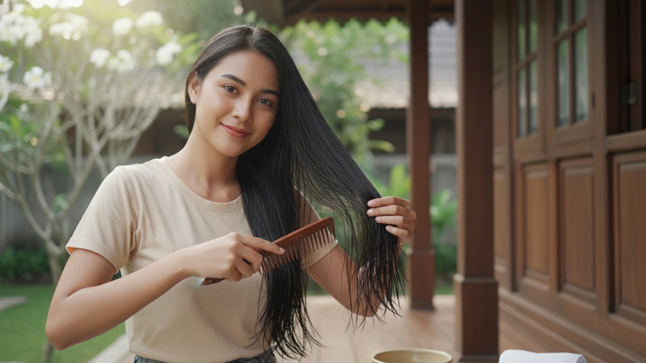 Proses menyisir rambut dengan sisir bergigi lebar.