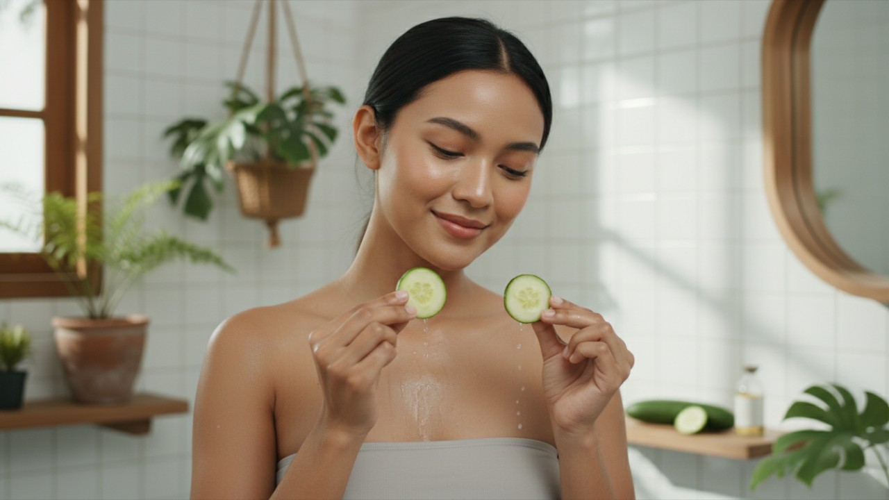 Masker mentimun dan baking soda untuk perawatan rumahan.