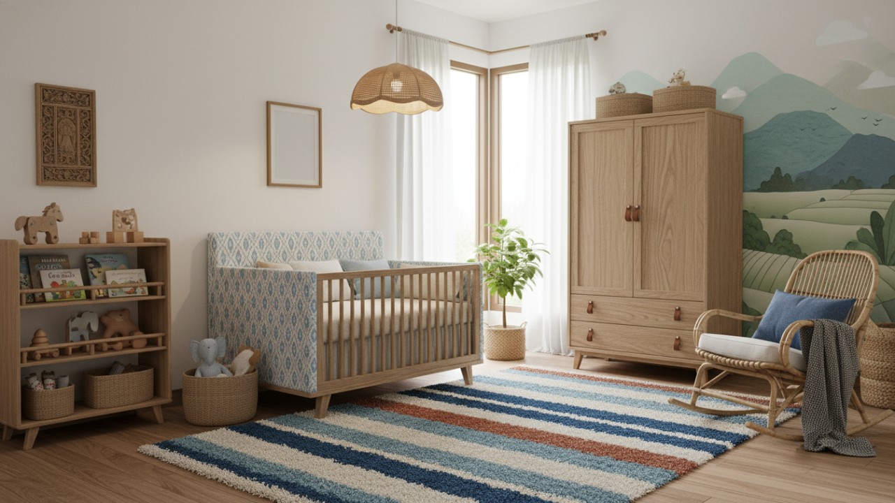 desain kamar bayi laki-laki yang tenang dan fungsional