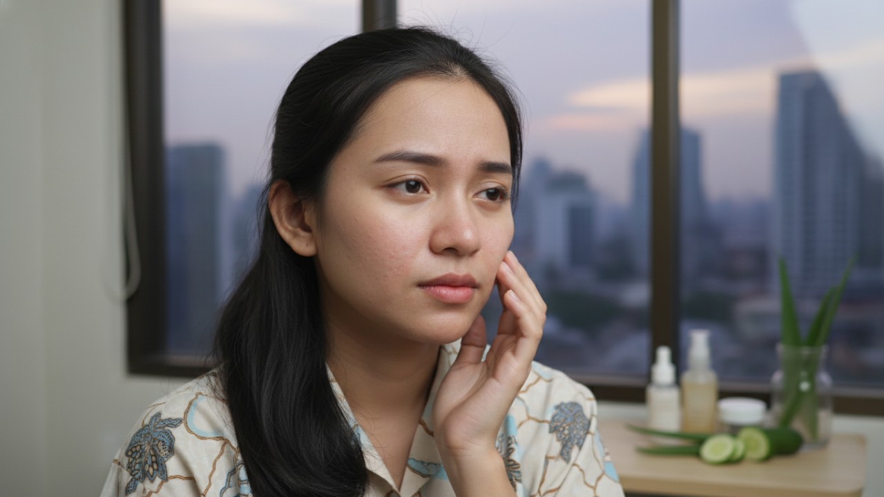 Ilustrasi perawatan kulit wajah kering menggunakan bahan alami untuk membantu menjaga kelembapan kulit.