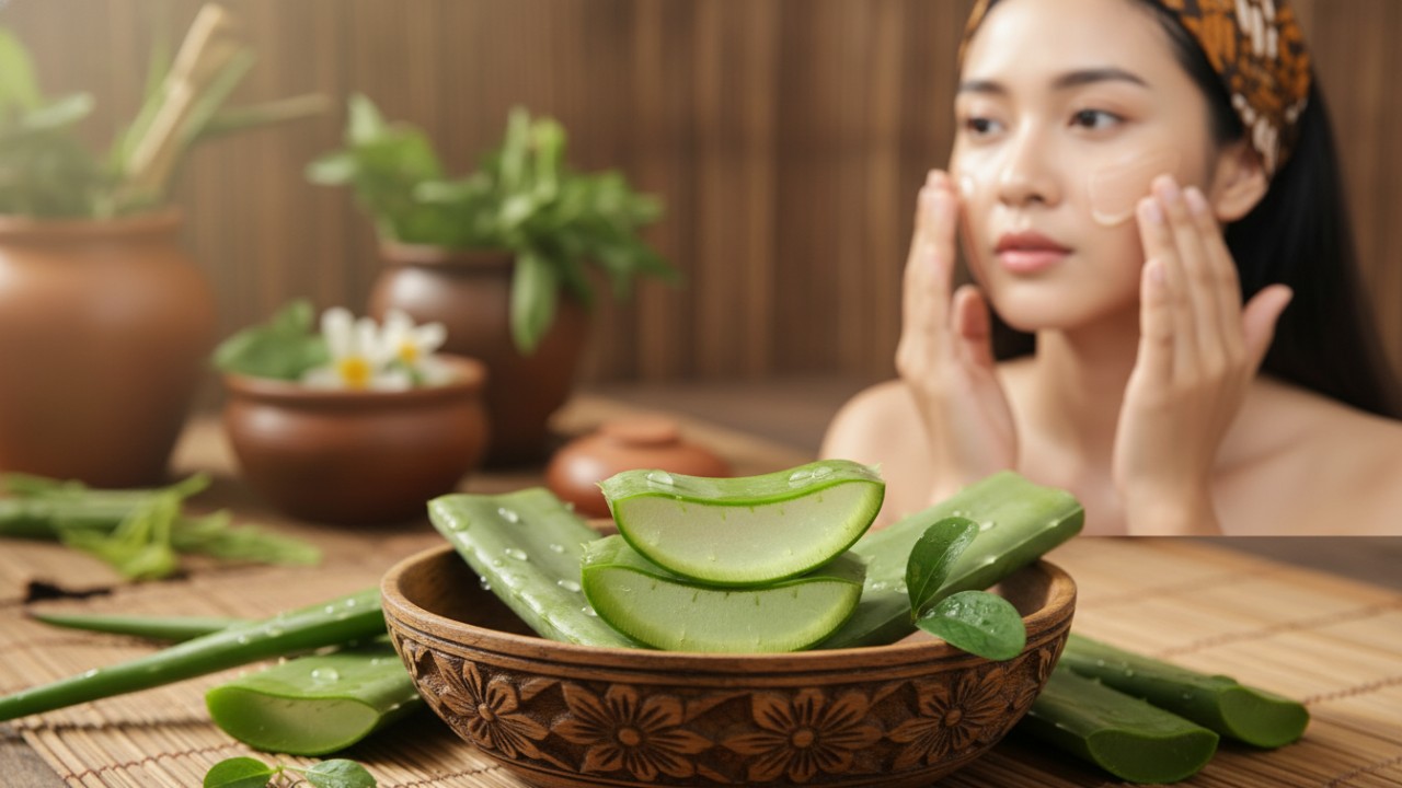 Aplikasi gel lidah buaya sebagai masker wajah alami.