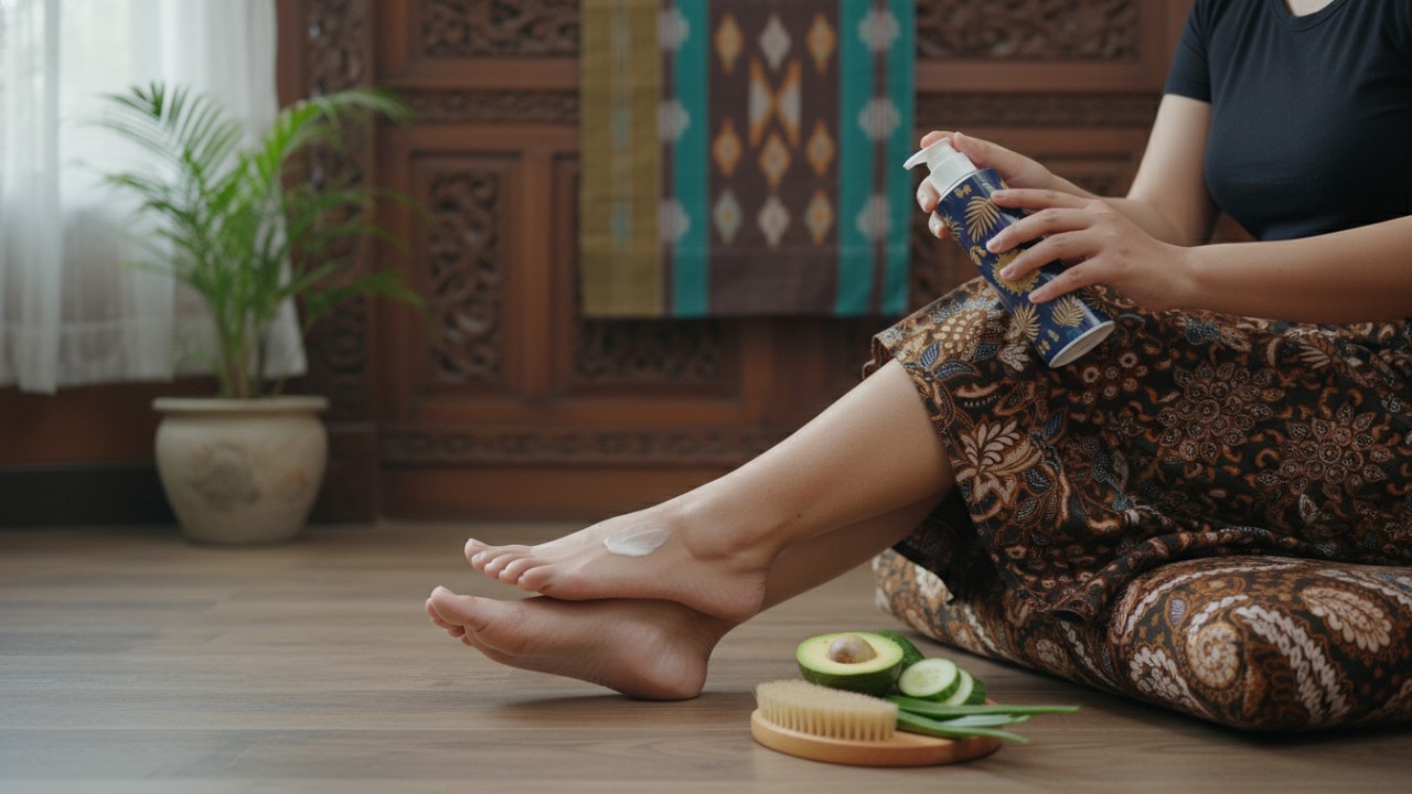 Aplikasi pelembap kaki setelah mandi.