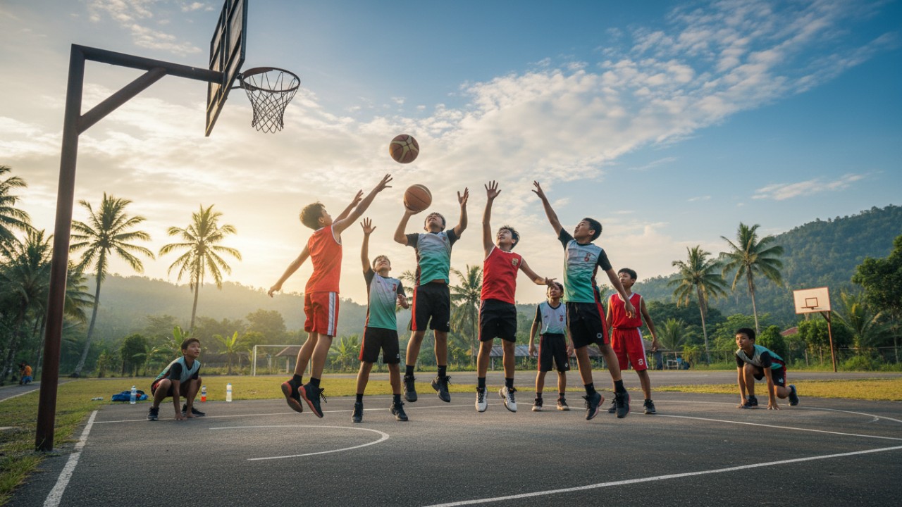 Aktivitas bermain bola basket yang menggambarkan olahraga tim penuh energi dan manfaat kesehatan.