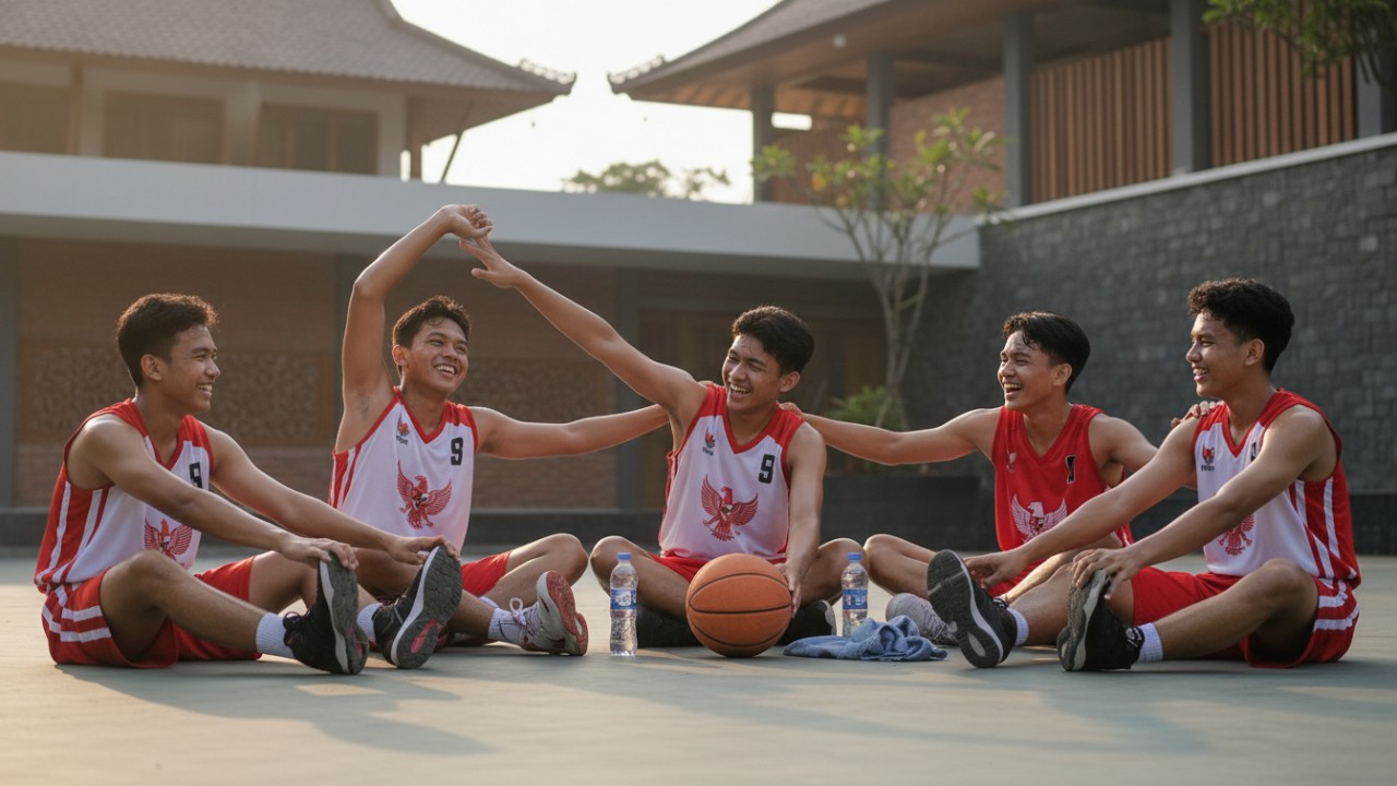 Ekspresi kebersamaan tim saat bermain basket yang mencerminkan manfaat mental dan Pendinginan setelah bermain sebagai bagian dari tips aman berolahraga.