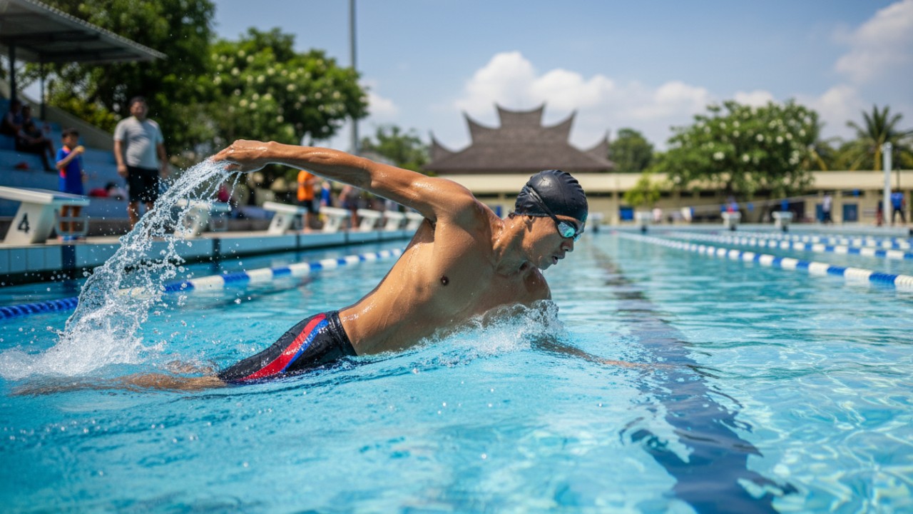 Aktivitas berenang di kolam yang menampilkan olahraga air penuh manfaat kesehatan.
