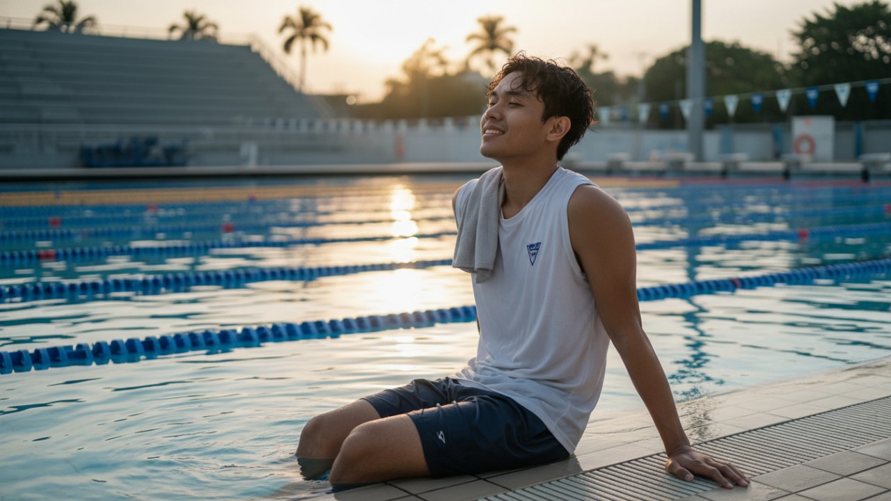 Suasana rileks setelah berenang yang mencerminkan manfaat mental. dan Pendinginan di tepi kolam sebagai bagian dari kebiasaan aman berenang