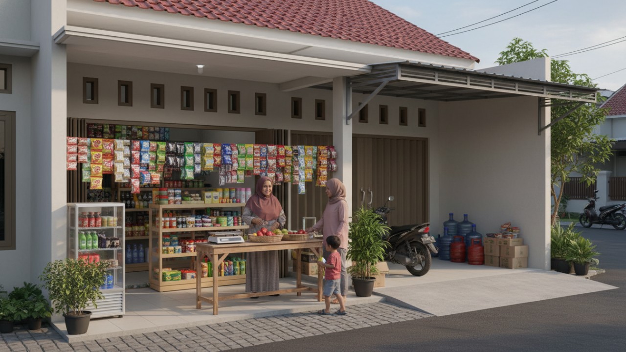 Warung minimalis depan rumah memanfaatkan ruang terbatas secara efektif.