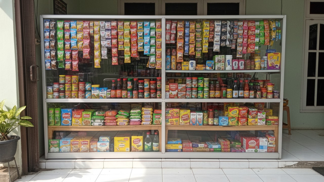 Warung teras rumah bernuansa hangat dengan jajanan warna-warni.