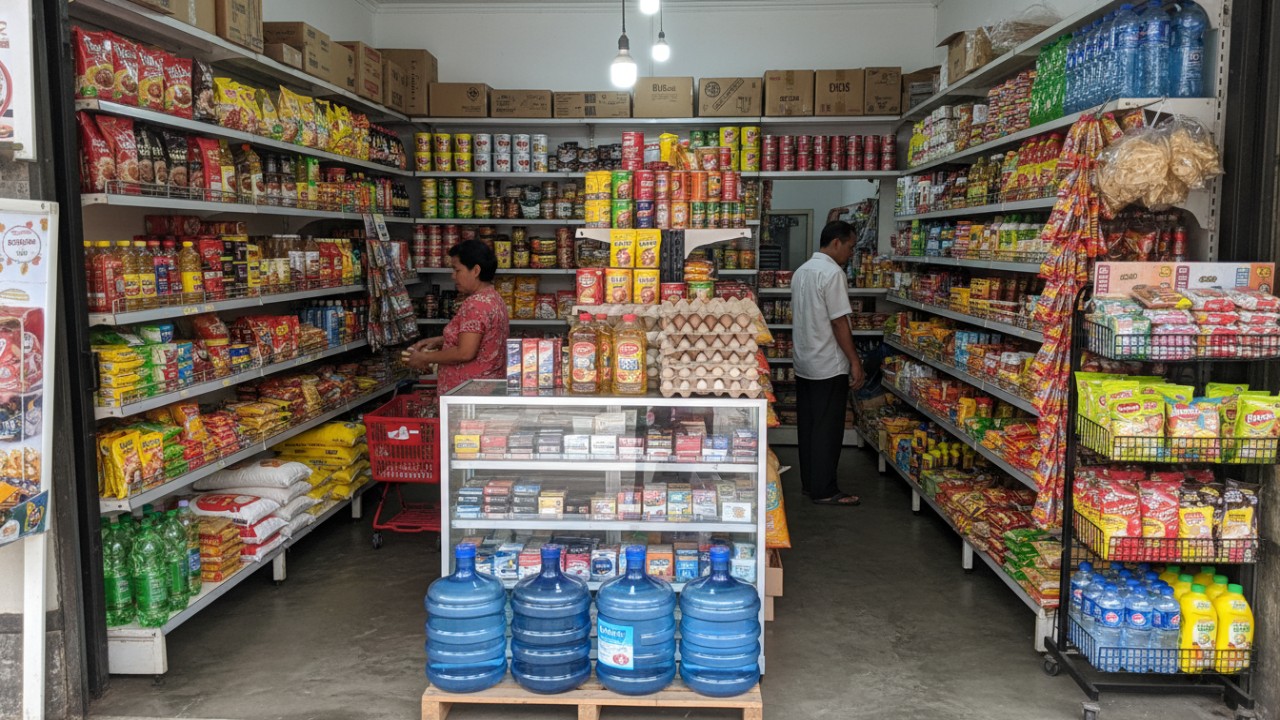 Rak sembako penuh di warung rumahan menciptakan kesan lengkap dan praktis.