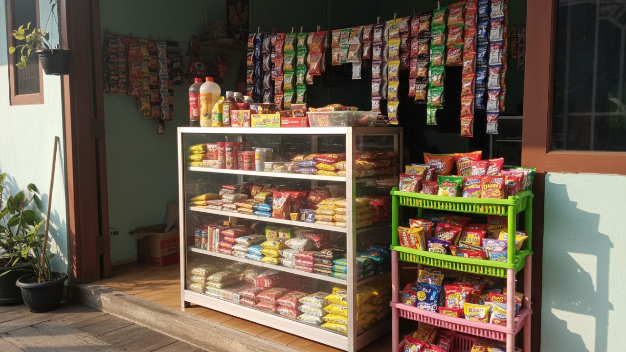 Etalase kaca toko sederhana depan rumah dengan produk harian tertata rapi.