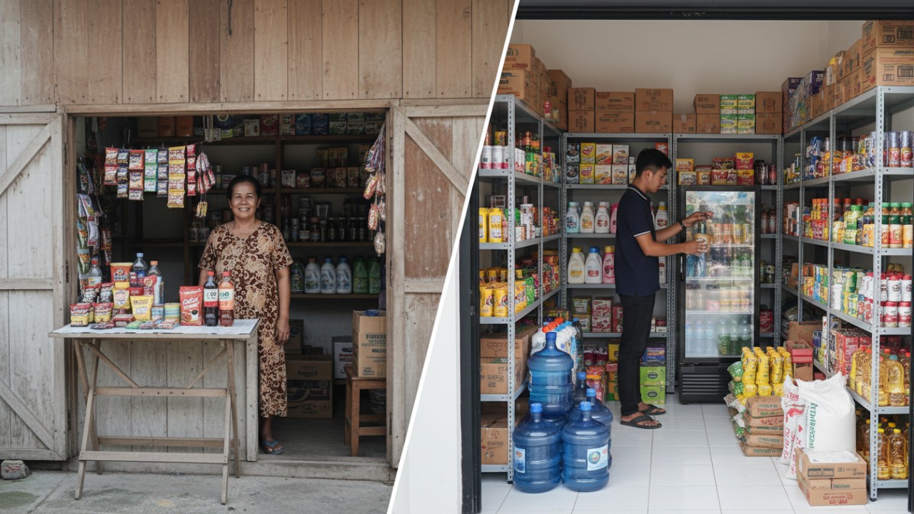 Warung baru dengan stok terbatas namun penataan rapi dan fungsional. Mini grosir rumahan dengan rak besi dan galon berjajar rapi.