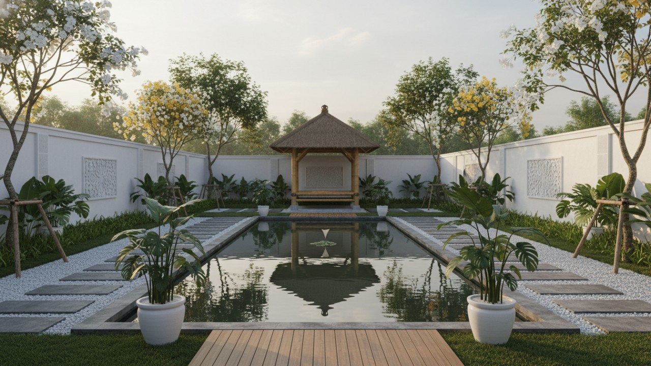 Taman landscape minimalis dengan komposisi sederhana dan rapi.