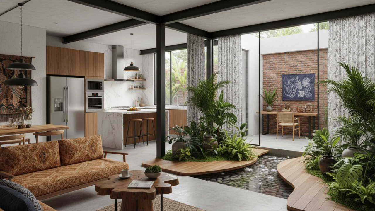 Penempatan taman mini di area tangga sebagai pusat perhatian visual.