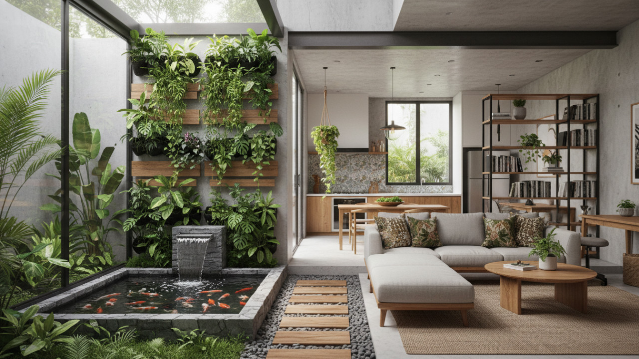 Visual taman mini interior sebagai elemen hijau penyeimbang ruang hunian modern.